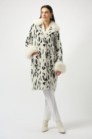 Joseph Ribkoff Feather Yarn Animal Jacquard Coat with Faux Fur Trim, Winter White/Black - Statement Boutique