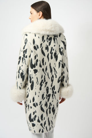 Joseph Ribkoff Feather Yarn Animal Jacquard Coat with Faux Fur Trim, Winter White/Black - Statement Boutique