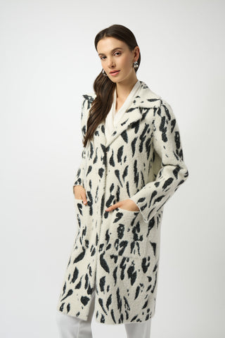 Joseph Ribkoff Feather Yarn Animal Jacquard Coat with Faux Fur Trim, Winter White/Black - Statement Boutique