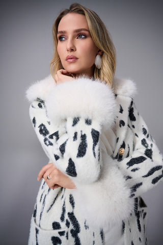 Joseph Ribkoff Feather Yarn Animal Jacquard Coat with Faux Fur Trim, Winter White/Black - Statement Boutique