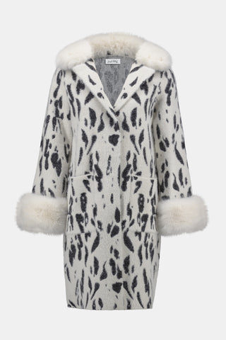 Joseph Ribkoff Feather Yarn Animal Jacquard Coat with Faux Fur Trim, Winter White/Black - Statement Boutique