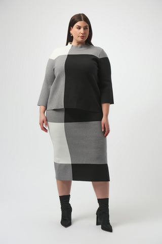 Joseph Ribkoff Jacquard Sweater Colour Block Skirt, Black/Grey/Vanilla - Statement Boutique