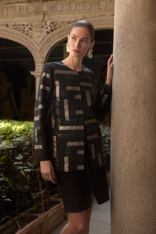 Joseph Ribkoff Scuba & Leatherette Collarless Jacket, Black Multi - Statement Boutique