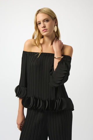 Joseph Ribkoff Georgette Off Shoulder Pleated Top, Black - Statement Boutique