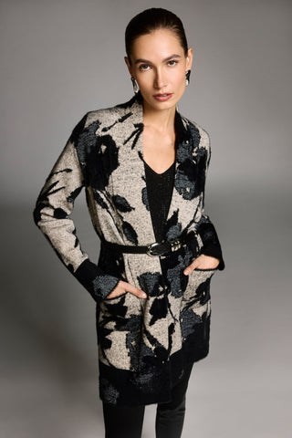 Joseph Ribkoff Abstract Jacquard Sweater Knit Long Cardigan, Champagne/Black - Statement Boutique