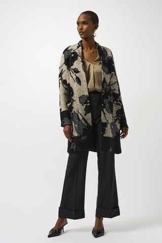 Joseph Ribkoff Abstract Jacquard Sweater Knit Long Cardigan, Champagne/Black - Statement Boutique