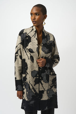 Joseph Ribkoff Abstract Jacquard Sweater Knit Long Cardigan, Champagne/Black - Statement Boutique