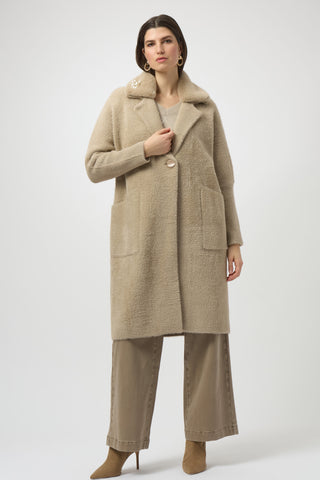 Joseph Ribkoff Feather Yarn and Faux Fur Sweater Coat with Faux Pearl Detail, Fawn - Statement Boutique