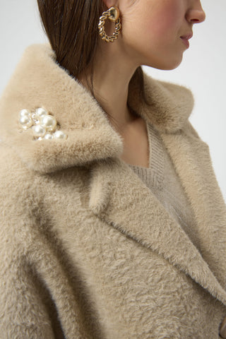 Joseph Ribkoff Feather Yarn and Faux Fur Sweater Coat with Faux Pearl Detail, Fawn - Statement Boutique