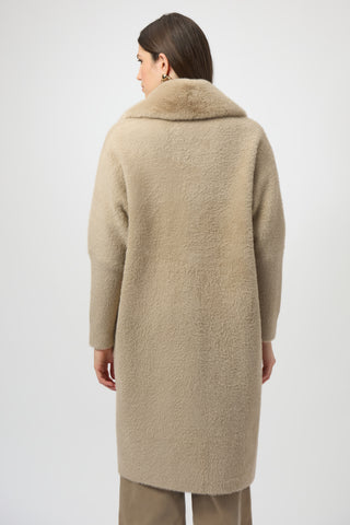 Joseph Ribkoff Feather Yarn and Faux Fur Sweater Coat with Faux Pearl Detail, Fawn - Statement Boutique
