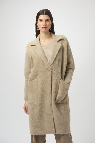 Joseph Ribkoff Feather Yarn and Faux Fur Sweater Coat with Faux Pearl Detail, Fawn - Statement Boutique
