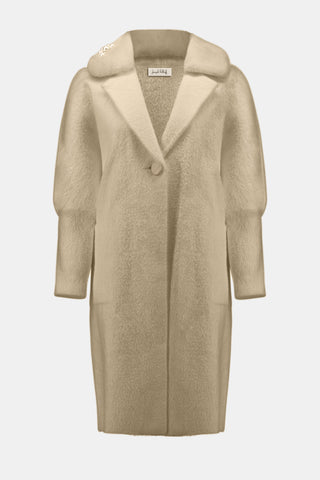 Joseph Ribkoff Feather Yarn and Faux Fur Sweater Coat with Faux Pearl Detail, Fawn - Statement Boutique