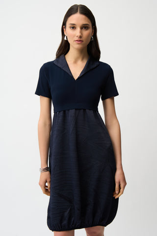 Pleated Satin & Silky Knit Cocoon Dress, Midnight Blue