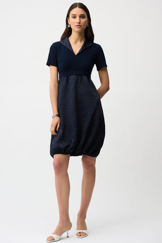 Pleated Satin & Silky Knit Cocoon Dress, Midnight Blue