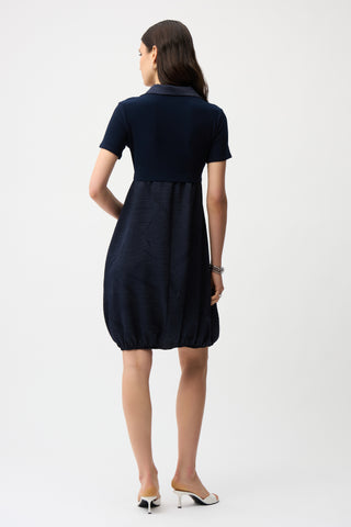 Pleated Satin & Silky Knit Cocoon Dress, Midnight Blue