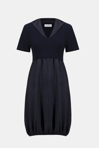 Pleated Satin & Silky Knit Cocoon Dress, Midnight Blue