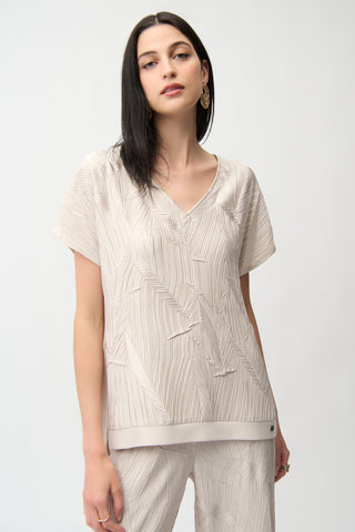 Pleated Satin & Silky Knit V-Neck Top, Moonstone