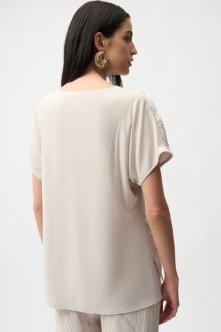 Pleated Satin & Silky Knit V-Neck Top, Moonstone