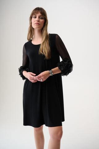 Silky Knit and Mesh A-Line Dress With Ruffled Trim, Black
