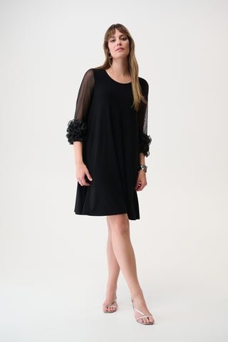 Silky Knit and Mesh A-Line Dress With Ruffled Trim, Black
