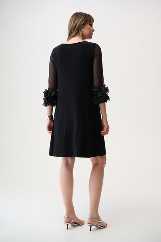 Silky Knit and Mesh A-Line Dress With Ruffled Trim, Black