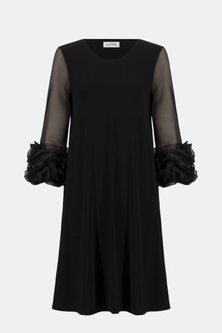 Silky Knit and Mesh A-Line Dress With Ruffled Trim, Black