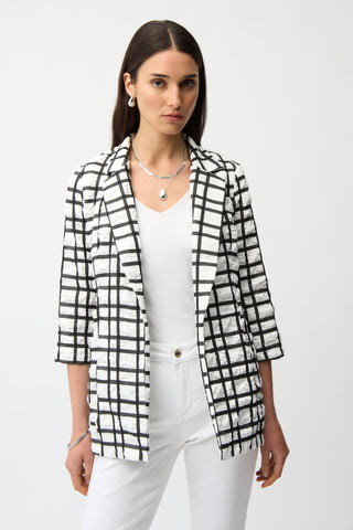 Jacquard Plaid Print Boxy Blazer With Notched Collar, Off-White/Black