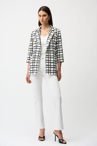 Jacquard Plaid Print Boxy Blazer With Notched Collar, Off-White/Black