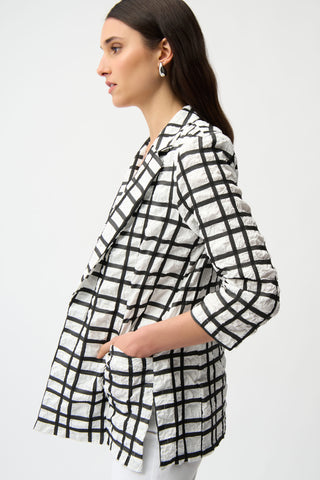 Jacquard Plaid Print Boxy Blazer With Notched Collar, Off-White/Black
