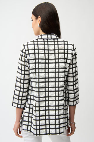 Jacquard Plaid Print Boxy Blazer With Notched Collar, Off-White/Black