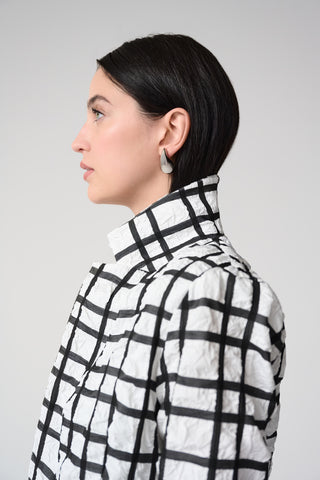 Jacquard Plaid Print Boxy Blazer With Notched Collar, Off-White/Black