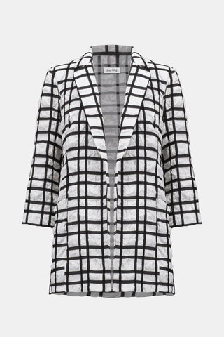 Jacquard Plaid Print Boxy Blazer With Notched Collar, Off-White/Black