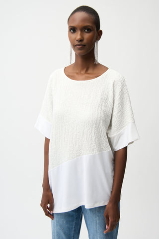 Seersucker And Silky Knit Asymmetrical Top, Vanilla