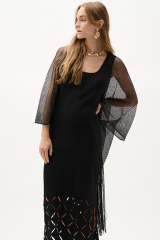 Joseph Ribkoff Woven Open Stitch Draped Cover-Up With Fringe, Black - Statement Boutique