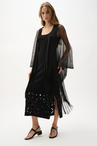 Joseph Ribkoff Woven Open Stitch Draped Cover-Up With Fringe, Black - Statement Boutique