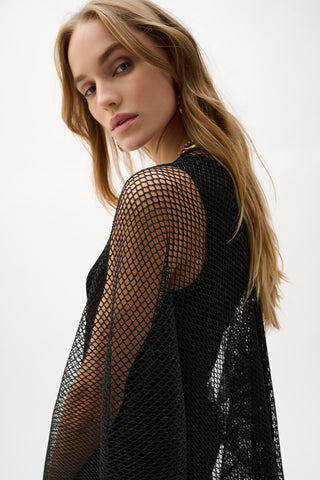 Joseph Ribkoff Woven Open Stitch Draped Cover-Up With Fringe, Black - Statement Boutique