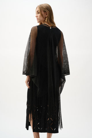 Joseph Ribkoff Woven Open Stitch Draped Cover-Up With Fringe, Black - Statement Boutique