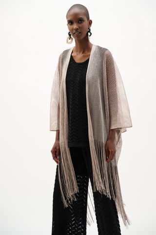 Joseph Ribkoff Woven Open Stitch Draped Cover-Up With Fringe, Moonstone - Statement Boutique