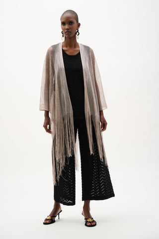 Joseph Ribkoff Woven Open Stitch Draped Cover-Up With Fringe, Moonstone - Statement Boutique