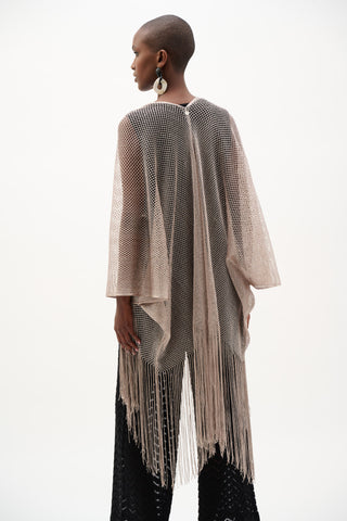 Joseph Ribkoff Woven Open Stitch Draped Cover-Up With Fringe, Moonstone - Statement Boutique