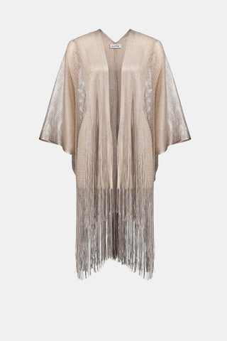 Joseph Ribkoff Woven Open Stitch Draped Cover-Up With Fringe, Moonstone - Statement Boutique
