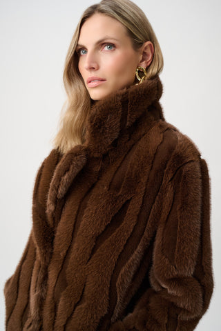 Textured Faux Fur Notch Collar Coat, Brown