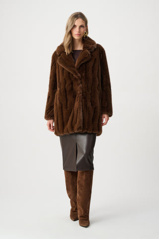 Textured Faux Fur Notch Collar Coat, Brown