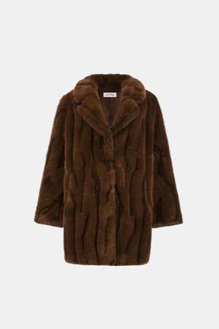 Textured Faux Fur Notch Collar Coat, Brown