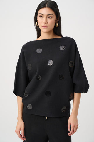 Boxy Embroidered Sequin Dot Sweater, Black