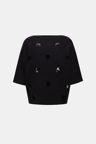 Boxy Embroidered Sequin Dot Sweater, Black