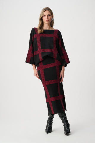Sweater Knit Plaid Pencil Skirt, Black/Deep Cherry