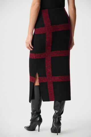 Sweater Knit Plaid Pencil Skirt, Black/Deep Cherry