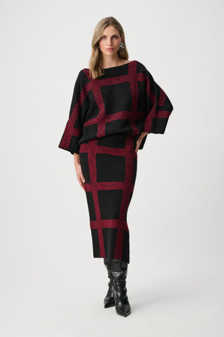 Plaid Boat-Neck Sweater, Black/Deep Cherry