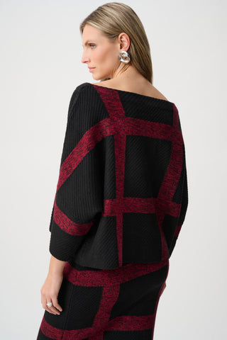 Plaid Boat-Neck Sweater, Black/Deep Cherry